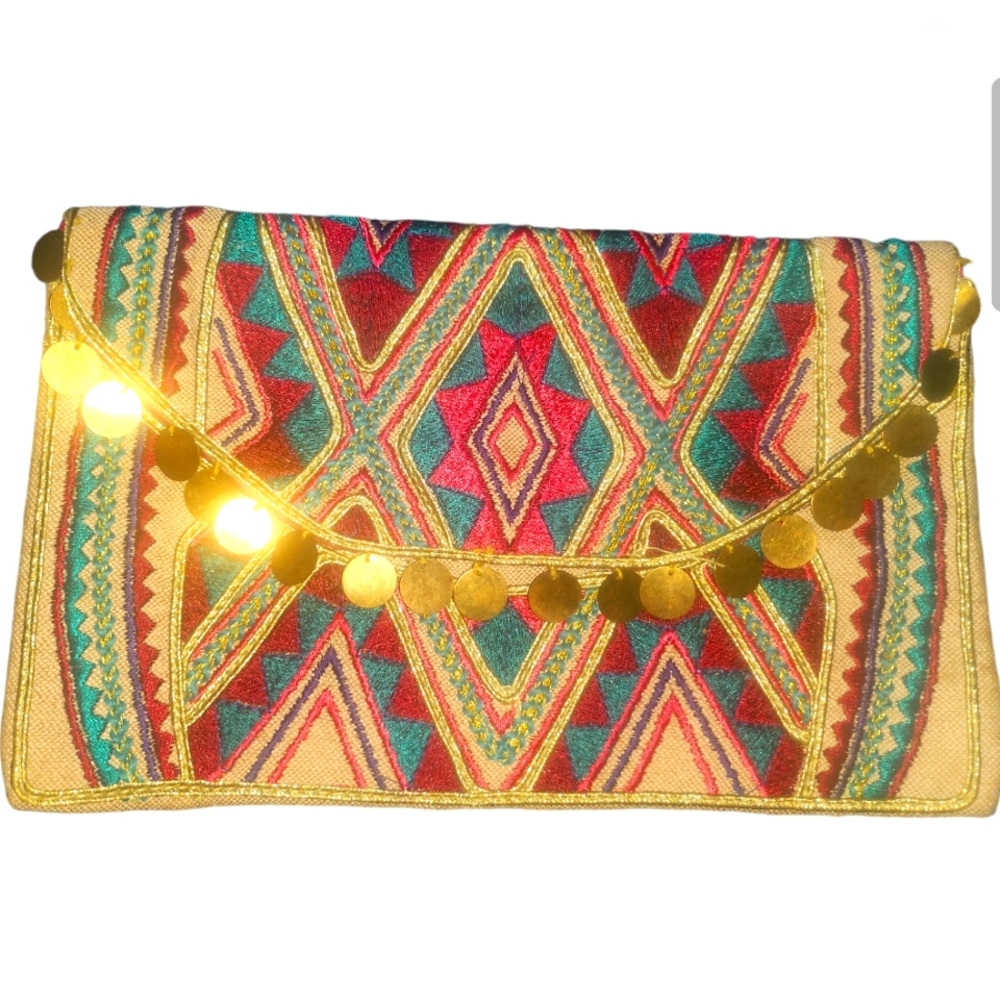 Embroider Geo Linen Clutch 9.5 x 6 Coin Trim Pink Interior By Limited Editn